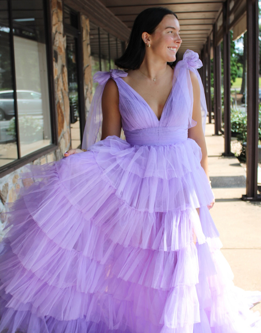 Lilac A-Line V Neck Tiered Tulle Long Prom Dress with Slit