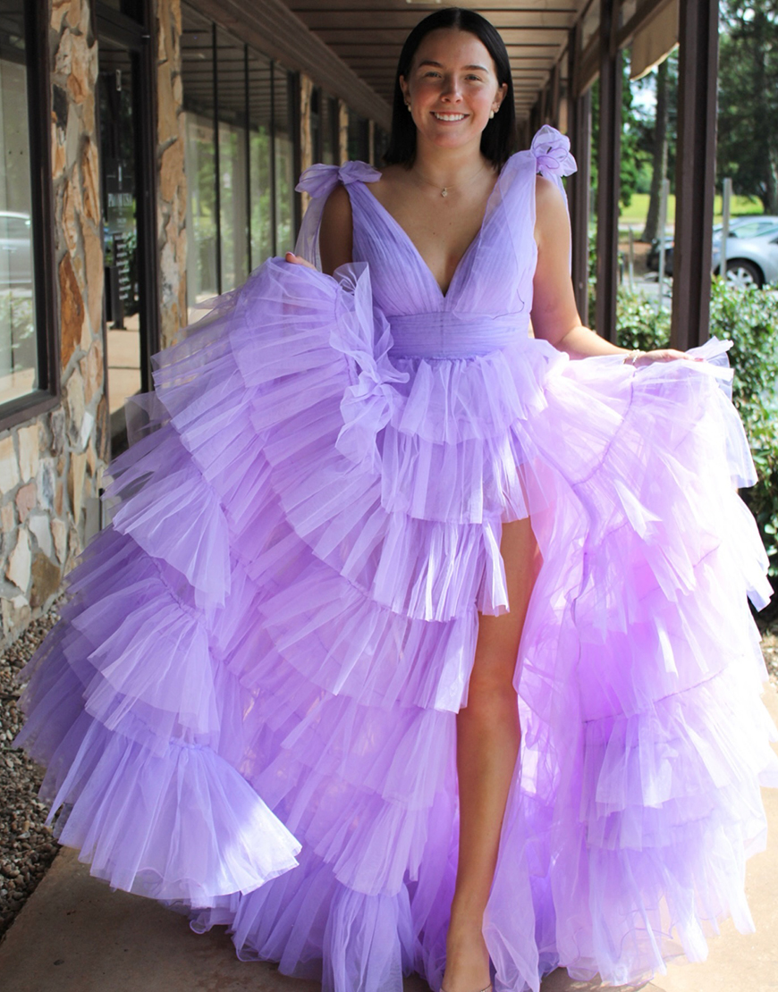 Lilac A-Line V Neck Tiered Tulle Long Prom Dress with Slit