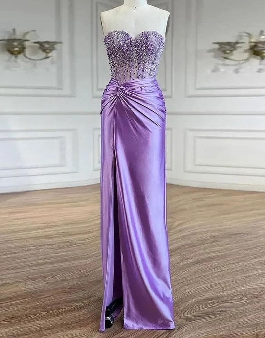 Sparkly Purple Mermaid Strapless Corset Satin Long Prom Dress with Slit