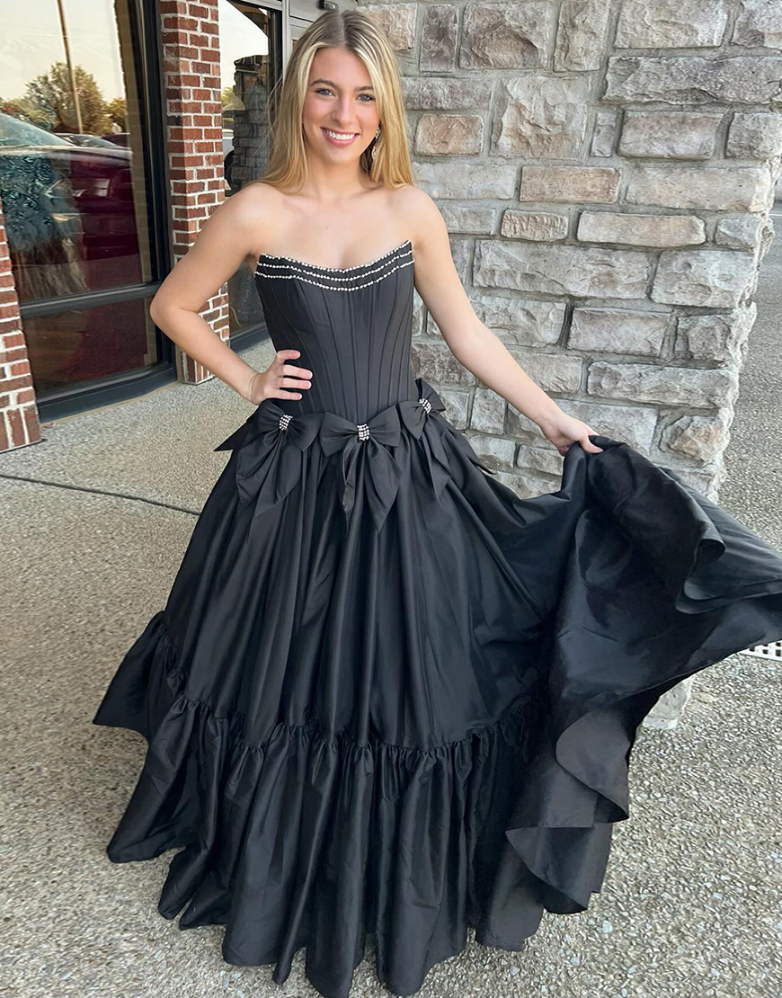 Sparkly Black A-Line Beaded Strapless Corset Long Prom Dress with Bows