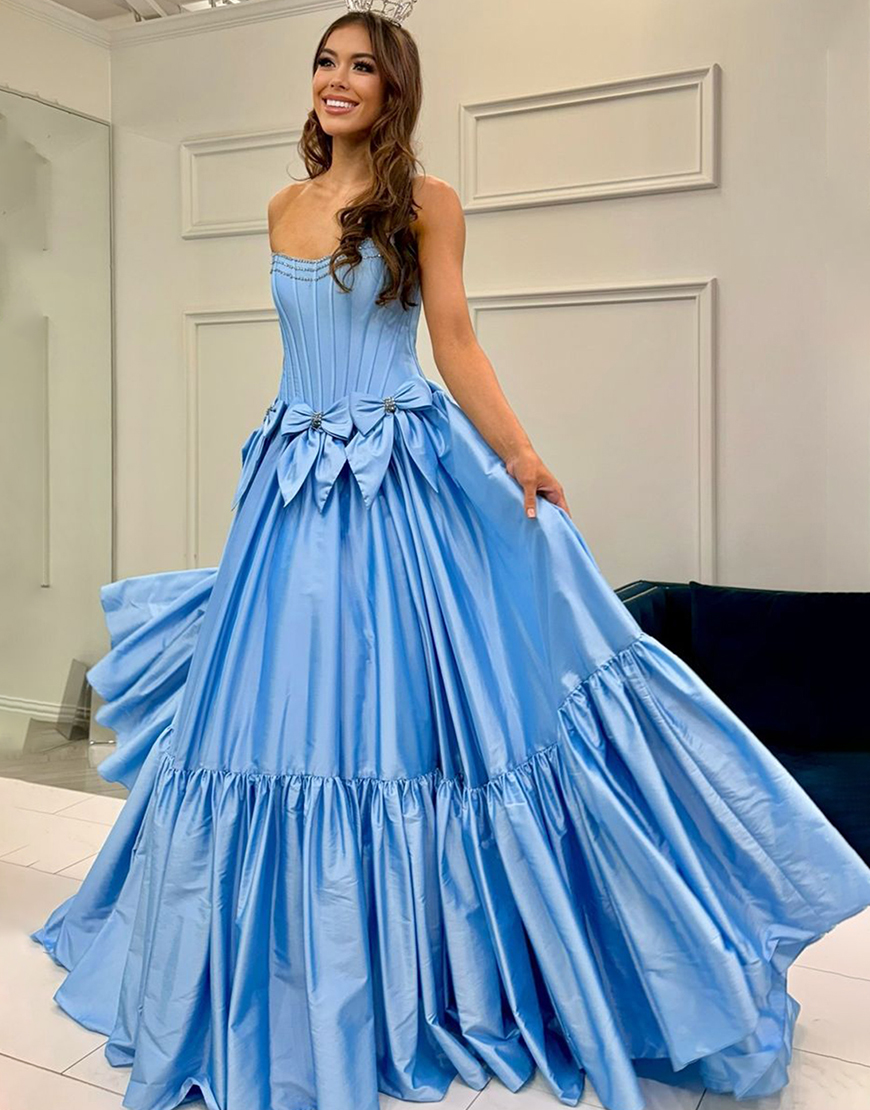 Sparkly Black A-Line Beaded Strapless Corset Long Prom Dress with Bows