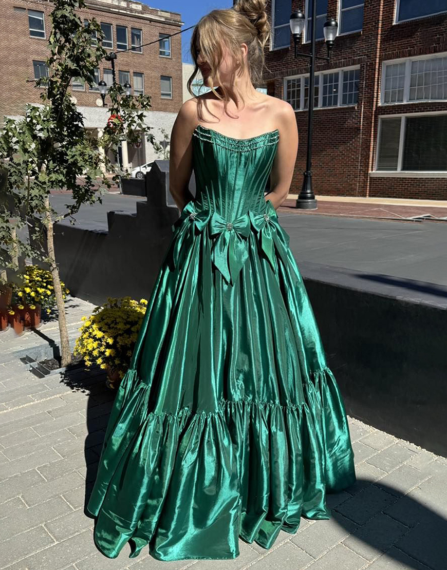 Sparkly Black A-Line Beaded Strapless Corset Long Prom Dress with Bows