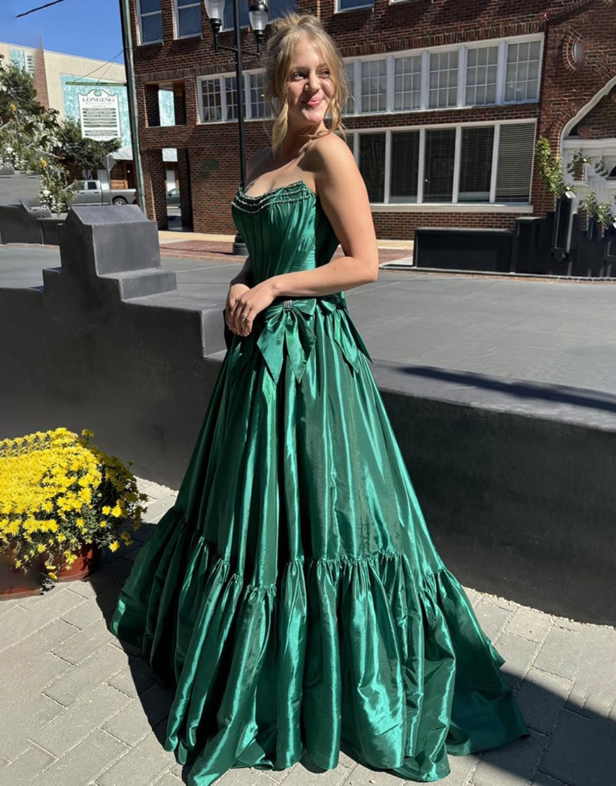 Sparkly Black A-Line Beaded Strapless Corset Long Prom Dress with Bows