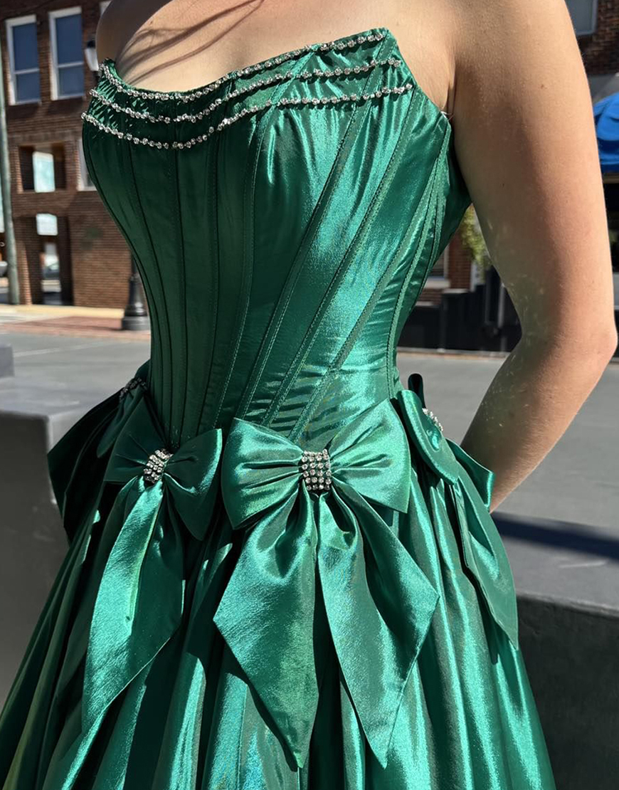 Sparkly Black A-Line Beaded Strapless Corset Long Prom Dress with Bows