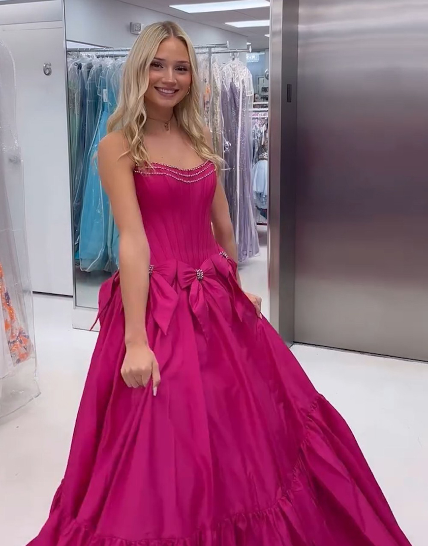 Sparkly Black A-Line Beaded Strapless Corset Long Prom Dress with Bows