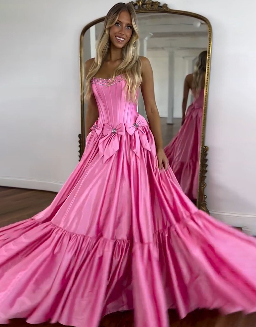 Sparkly Black A-Line Beaded Strapless Corset Long Prom Dress with Bows