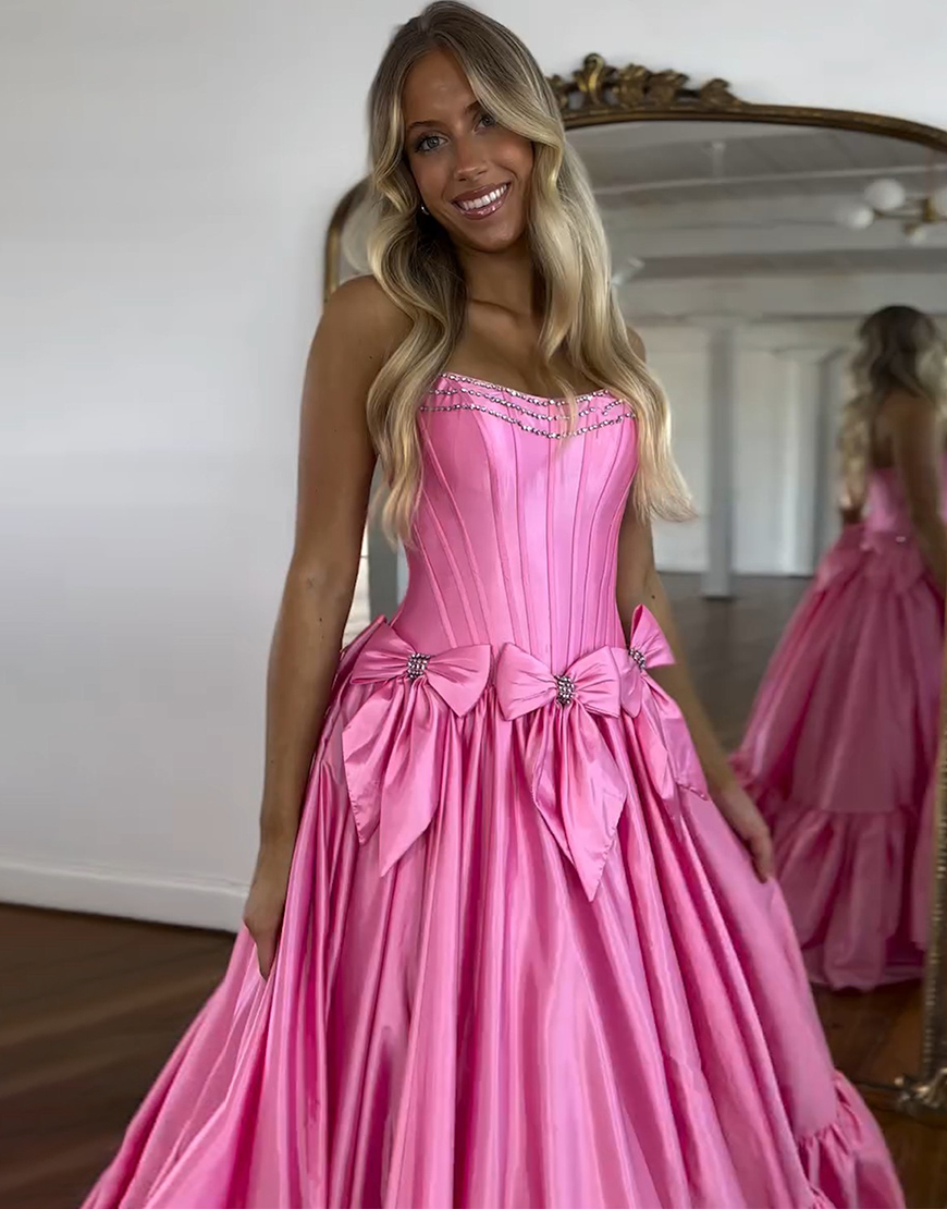 Sparkly Black A-Line Beaded Strapless Corset Long Prom Dress with Bows