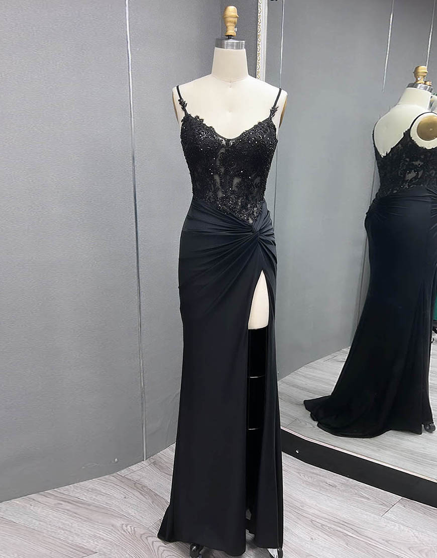 Sparkly Black Mermaid Spaghetti Straps Corset Appliques Long Prom Dress with Slit