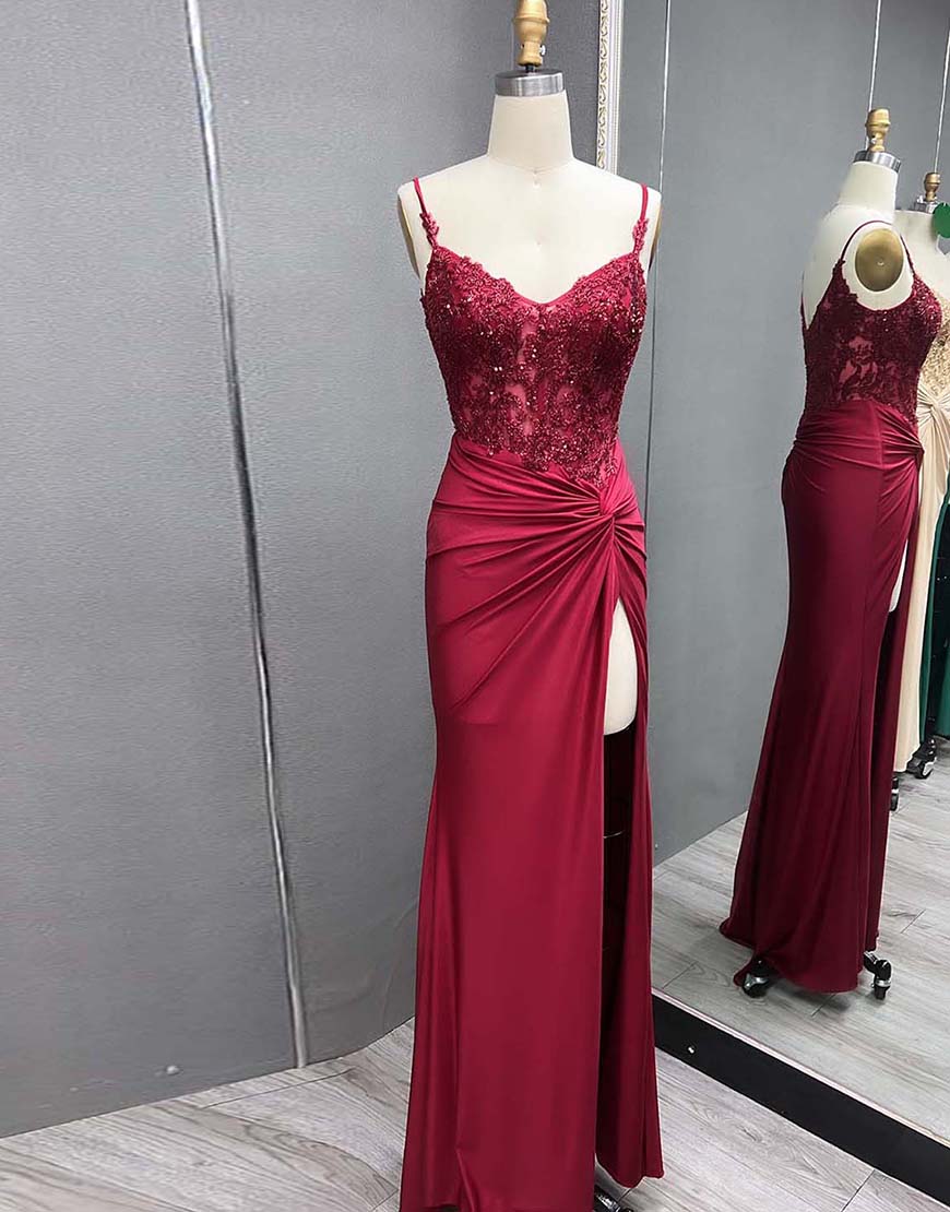 Sparkly Black Mermaid Spaghetti Straps Corset Appliques Long Prom Dress with Slit