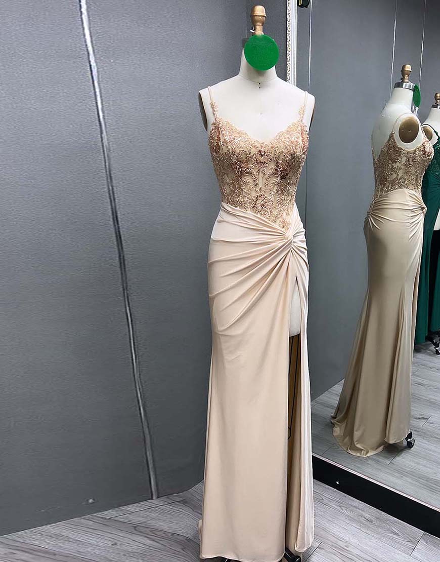 Sparkly Black Mermaid Spaghetti Straps Corset Appliques Long Prom Dress with Slit