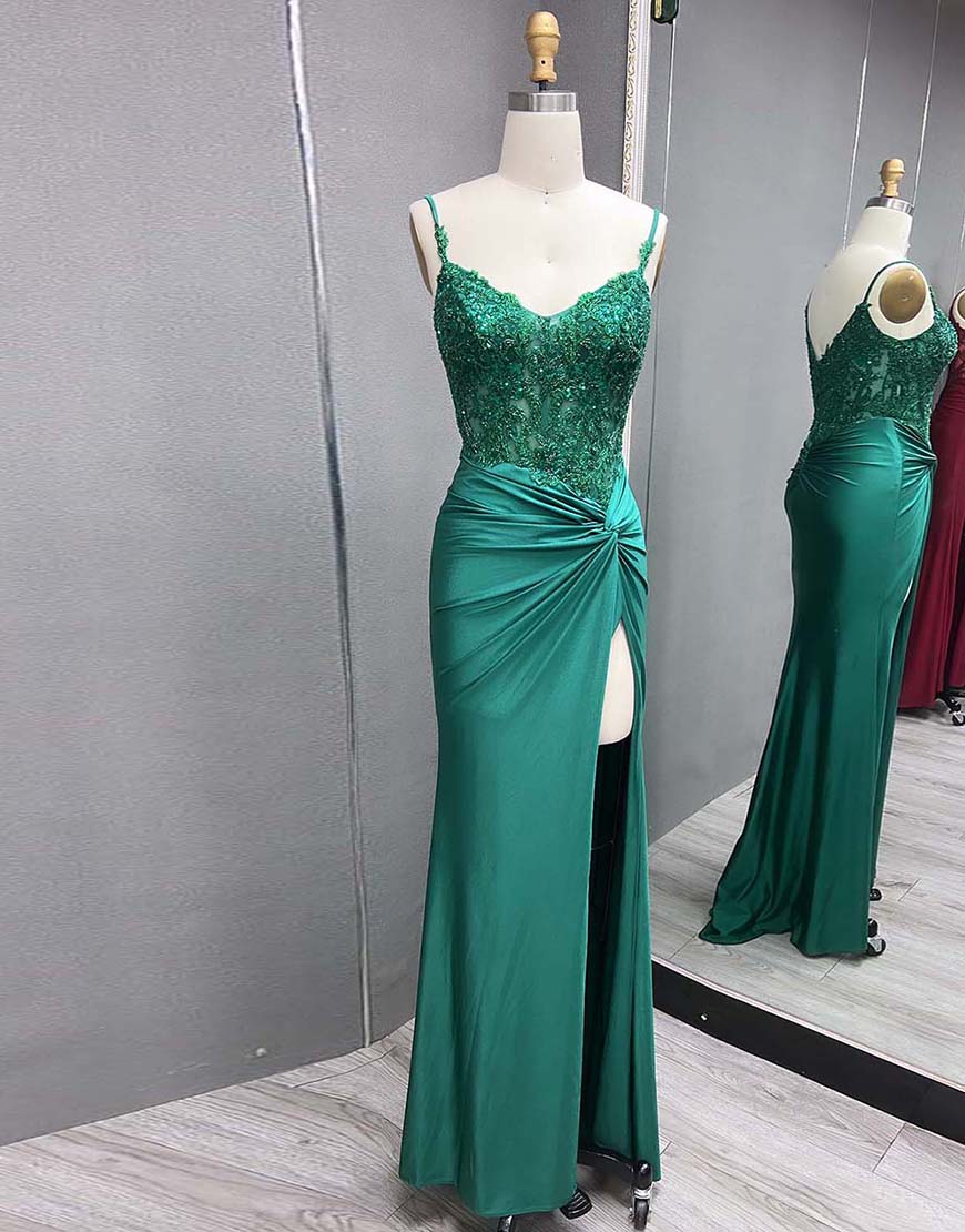 Sparkly Black Mermaid Spaghetti Straps Corset Appliques Long Prom Dress with Slit