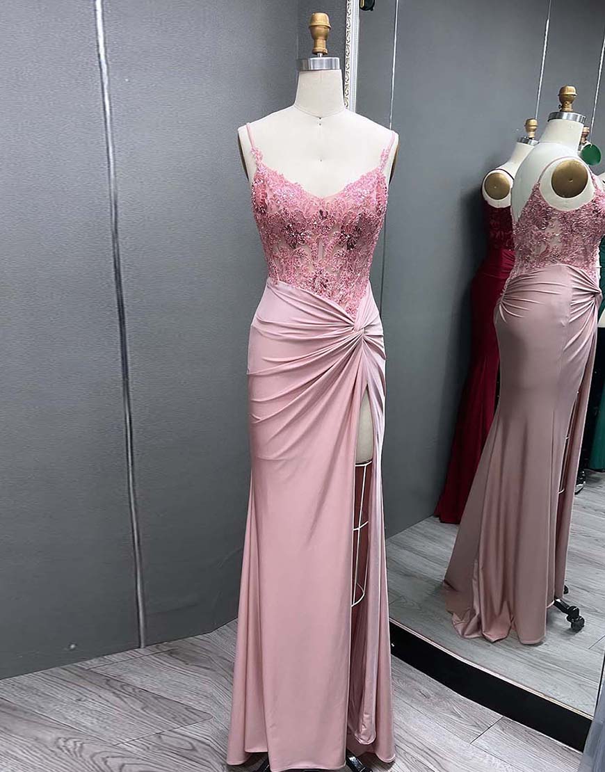 Sparkly Black Mermaid Spaghetti Straps Corset Appliques Long Prom Dress with Slit