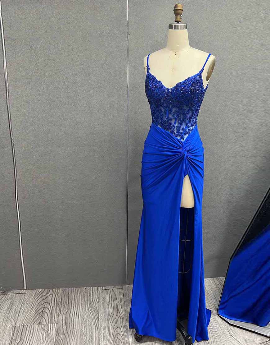 Sparkly Black Mermaid Spaghetti Straps Corset Appliques Long Prom Dress with Slit