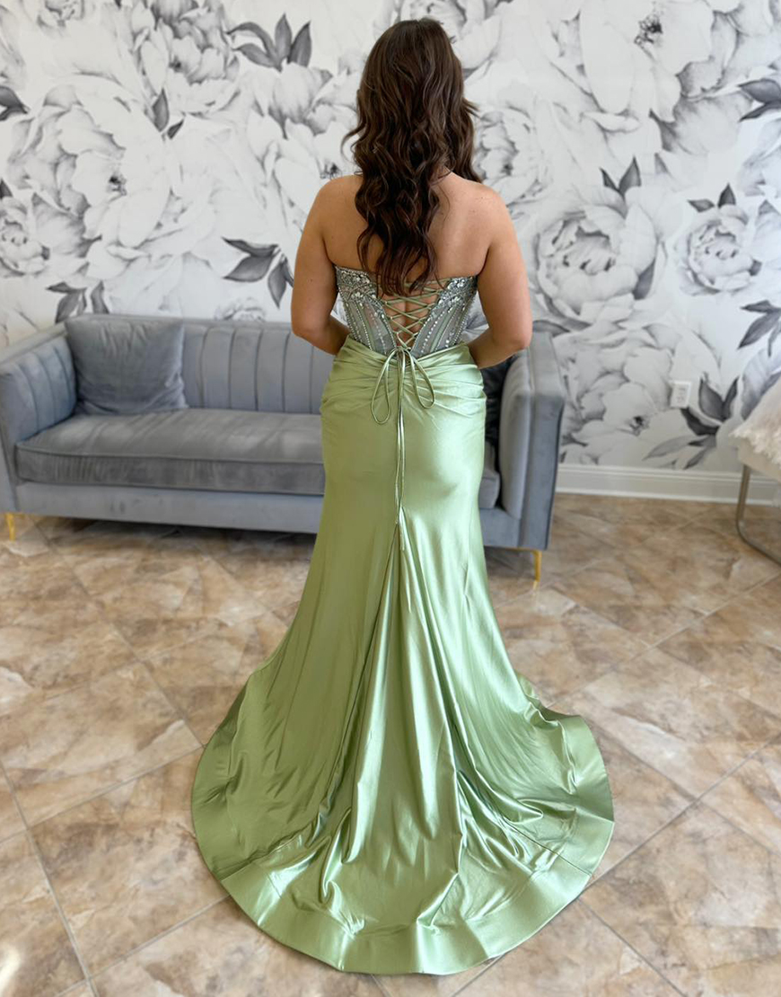 Sparkly Grey Blue Mermaid Strapless Rhinestones Corset Long Prom Dress with Slit