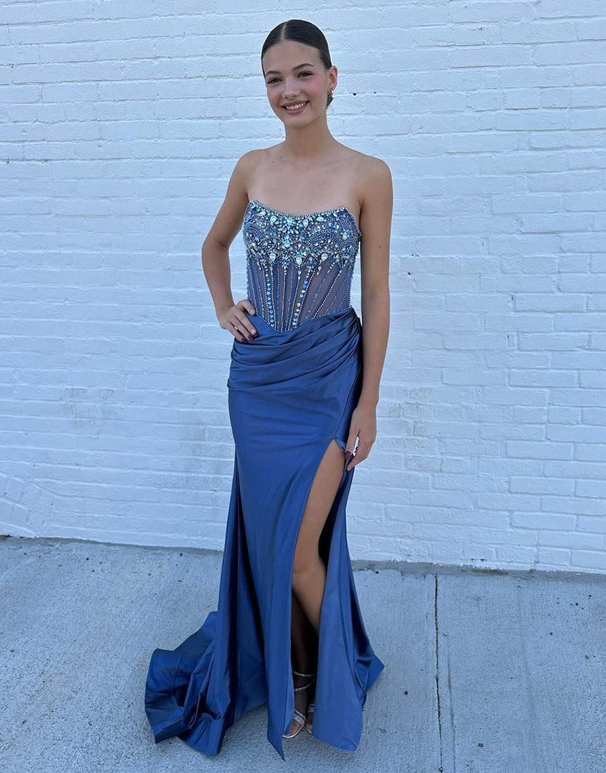 Sparkly Grey Blue Mermaid Strapless Rhinestones Corset Long Prom Dress with Slit