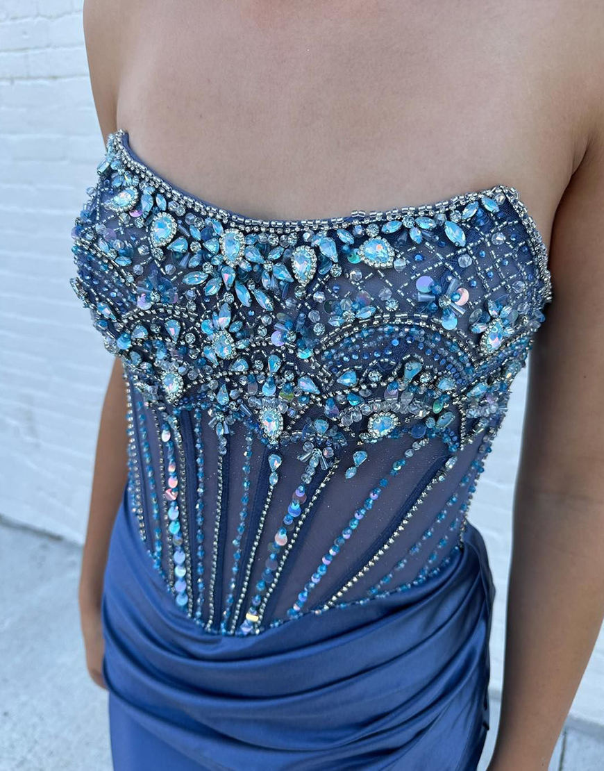 Sparkly Grey Blue Mermaid Strapless Rhinestones Corset Long Prom Dress with Slit