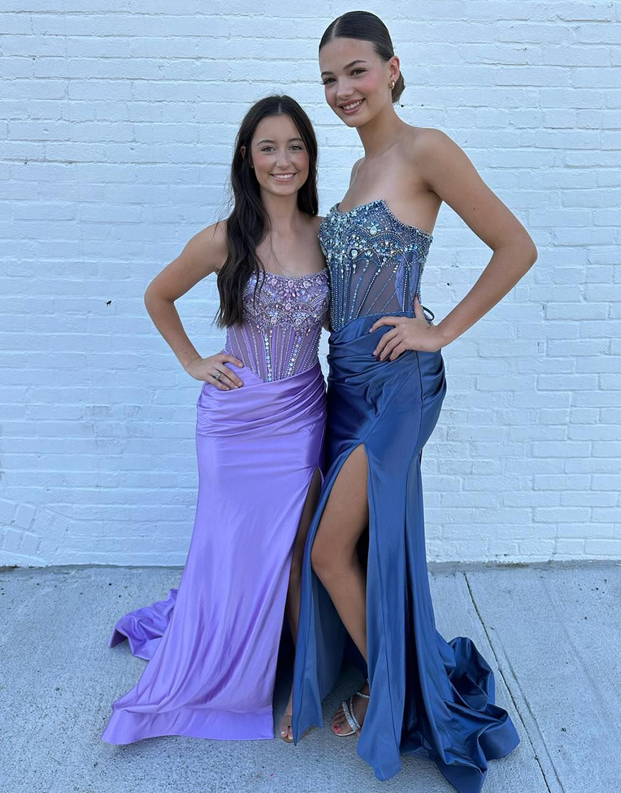 Sparkly Grey Blue Mermaid Strapless Rhinestones Corset Long Prom Dress with Slit