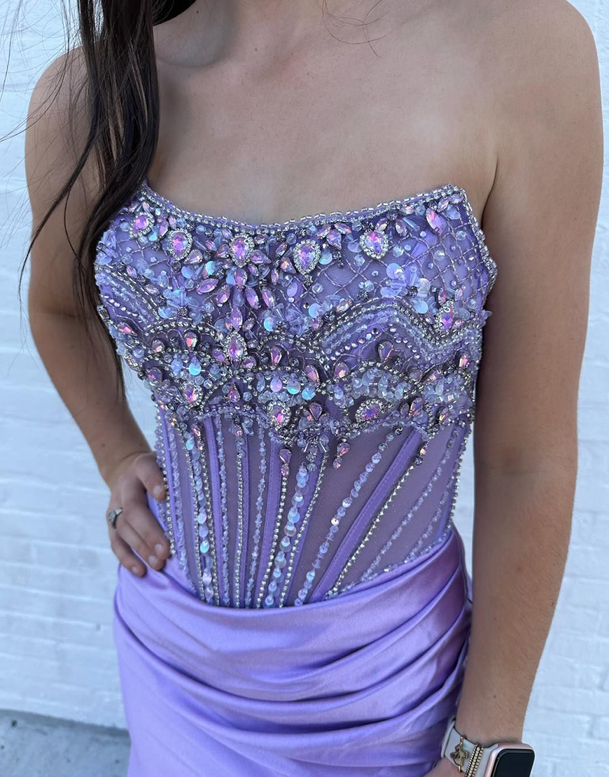 Sparkly Grey Blue Mermaid Strapless Rhinestones Corset Long Prom Dress with Slit
