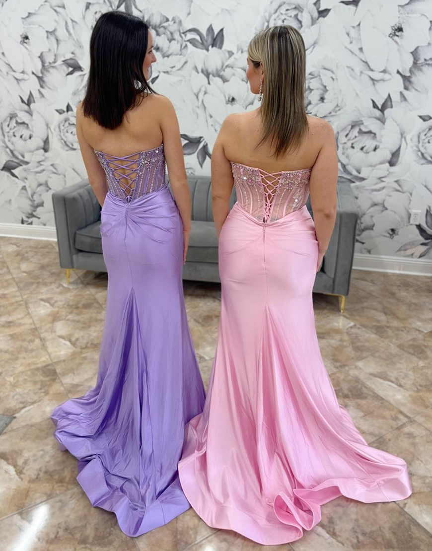 Sparkly Grey Blue Mermaid Strapless Rhinestones Corset Long Prom Dress with Slit