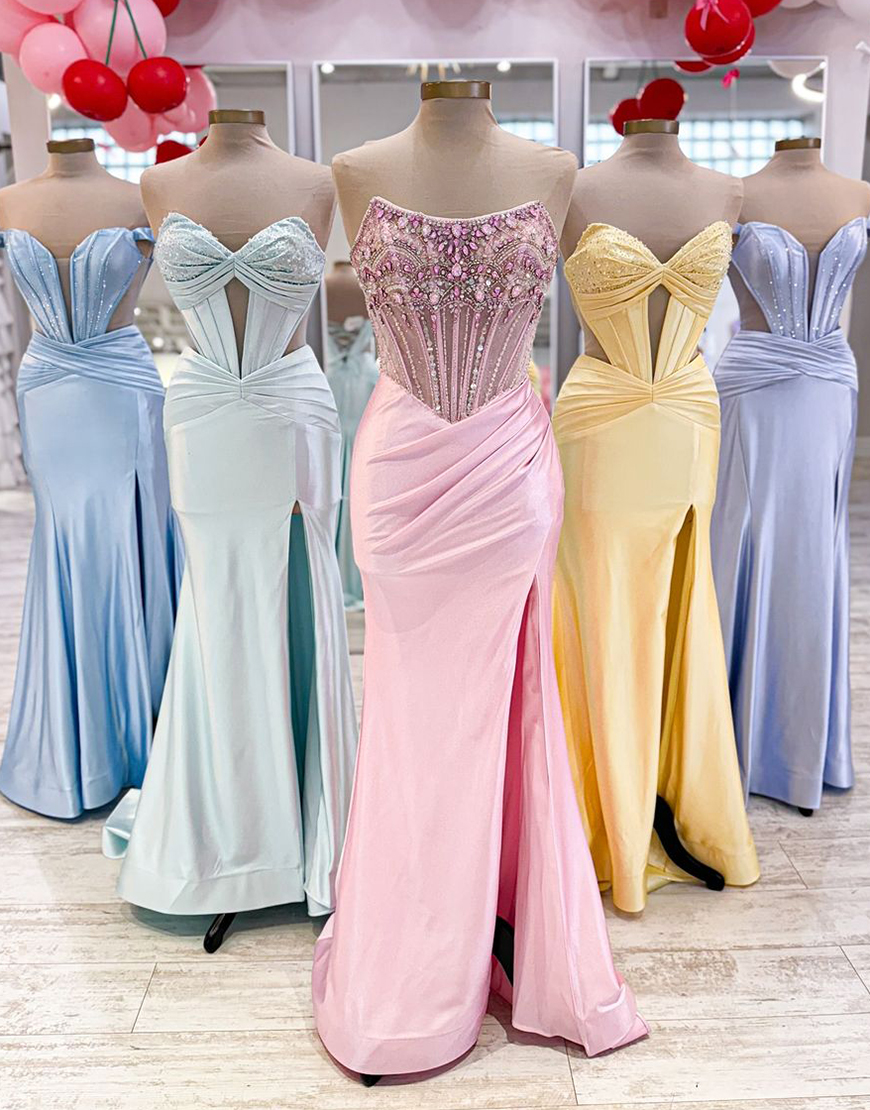 Sparkly Grey Blue Mermaid Strapless Rhinestones Corset Long Prom Dress with Slit