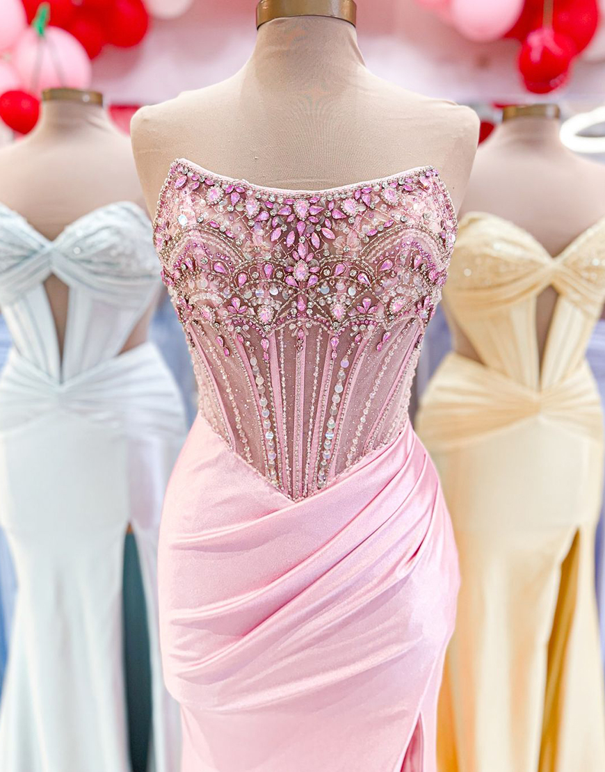 Sparkly Grey Blue Mermaid Strapless Rhinestones Corset Long Prom Dress with Slit