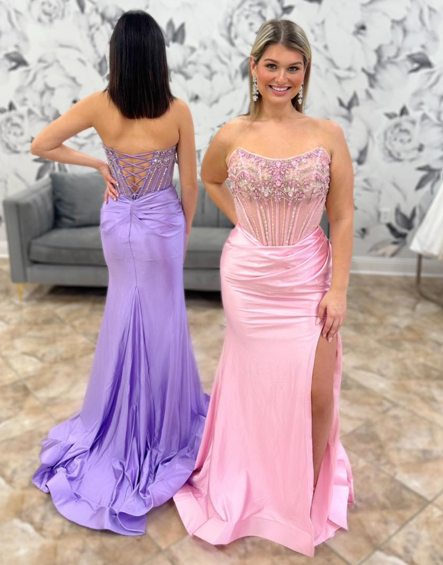 Sparkly Grey Blue Mermaid Strapless Rhinestones Corset Long Prom Dress with Slit