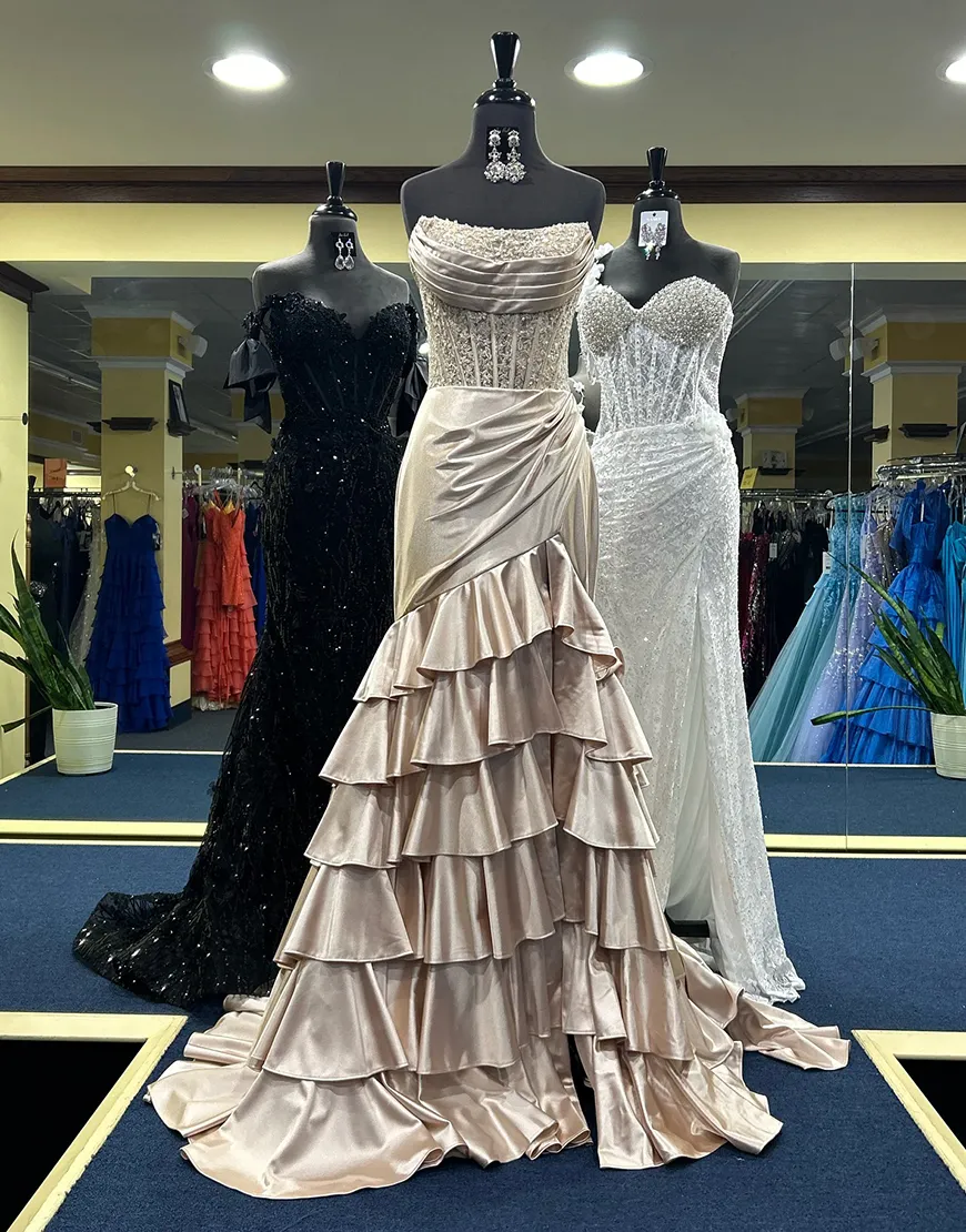 Sparkly Purple Mermaid Strapless Ruffles Sequined Corset Long Prom Dress with Slit