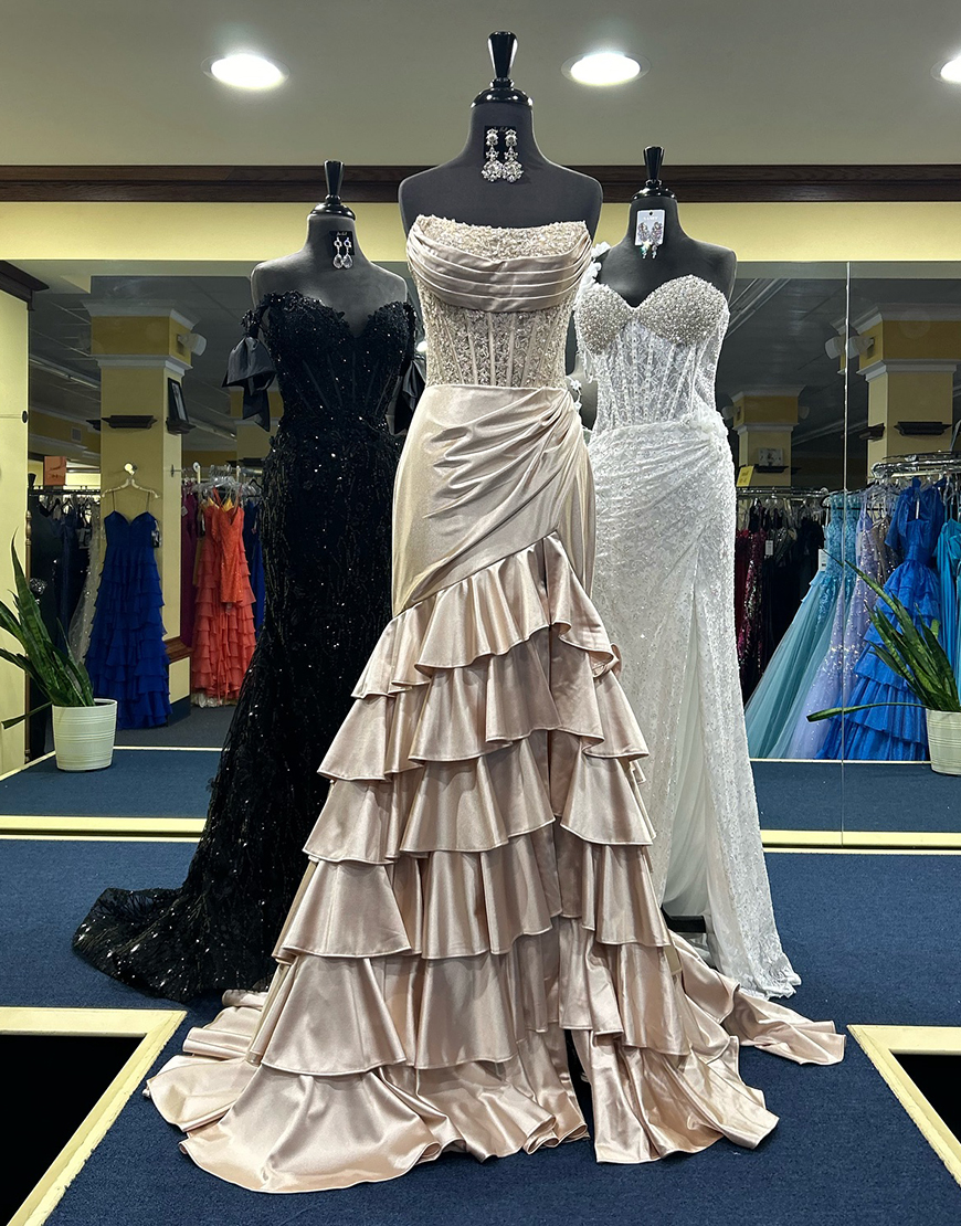 Sparkly Fuchsia Mermaid Strapless Corset Beaded Ruffle Long Prom Dress with Slit