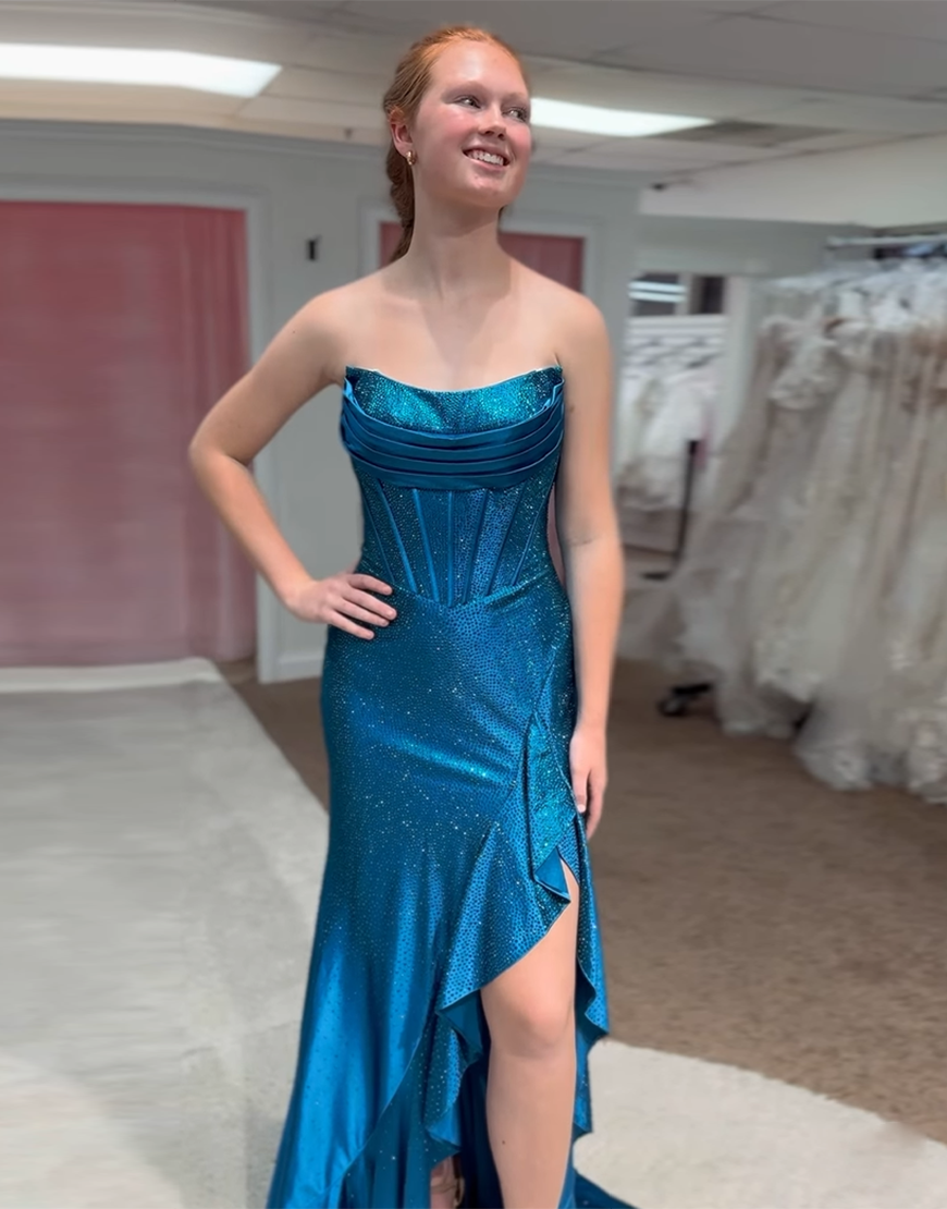 Sparkly Blue Mermaid Strapless Corset Beaded Ruffle Long Prom Dress with Slit
