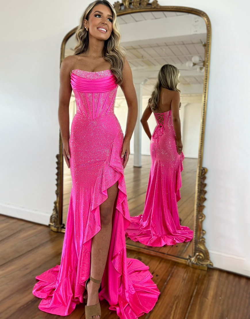 Sparkly Fuchsia Mermaid Strapless Corset Beaded Ruffle Long Prom Dress with Slit