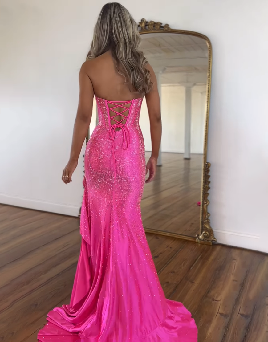 Sparkly Fuchsia Mermaid Strapless Corset Beaded Ruffle Long Prom Dress with Slit