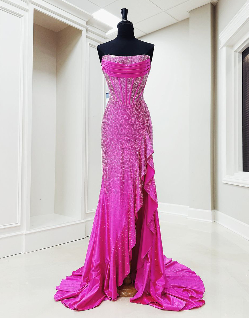 Sparkly Orange Mermaid Strapless Corset Beaded Ruffle Long Prom Dress with Slit