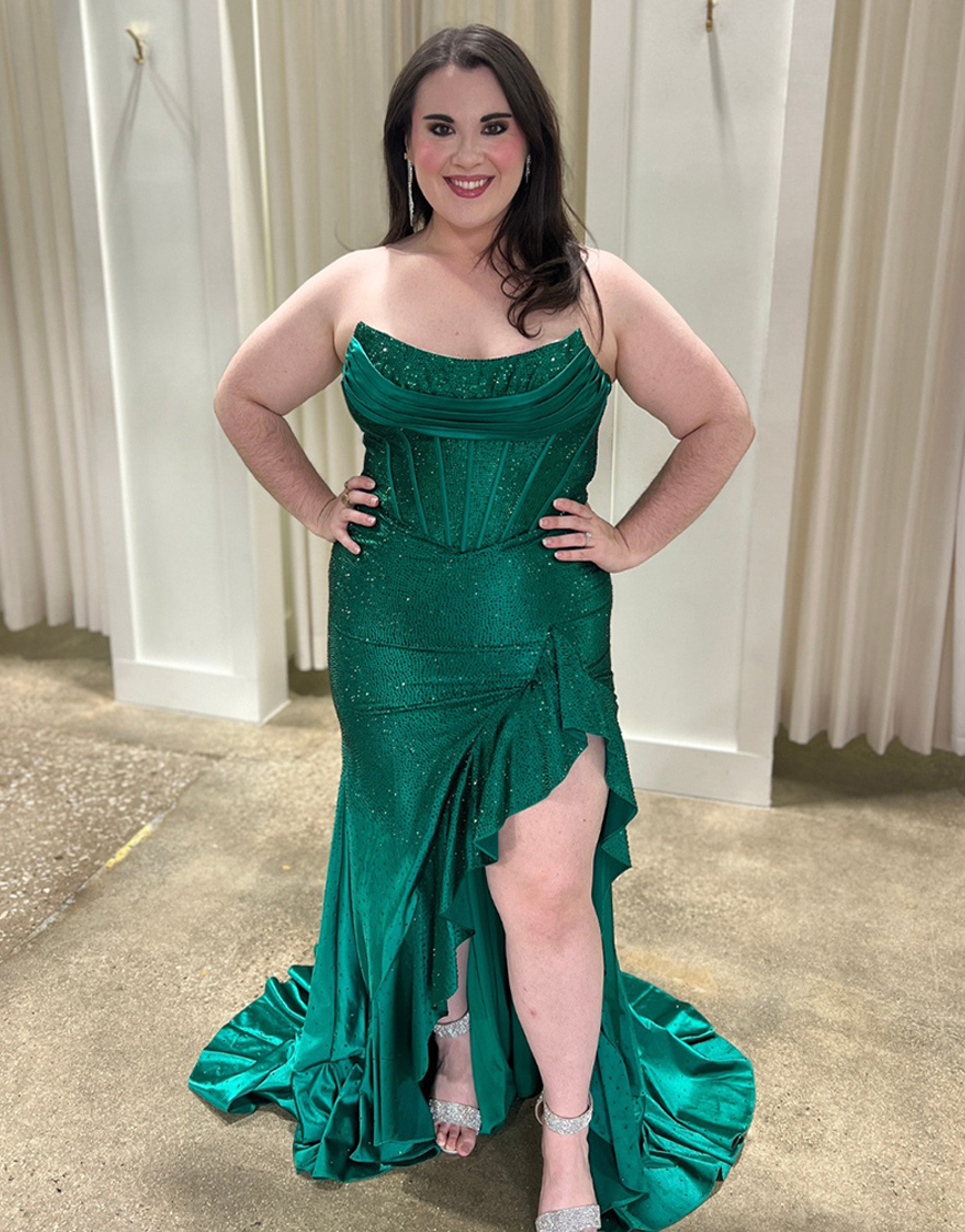 Sparkly Orange Mermaid Strapless Corset Beaded Ruffle Long Prom Dress with Slit