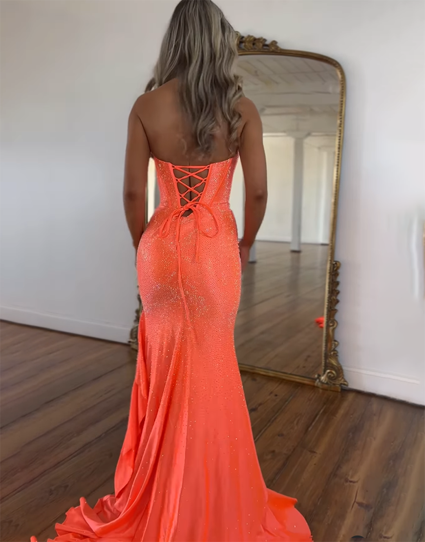 Sparkly Orange Mermaid Strapless Corset Beaded Ruffle Long Prom Dress with Slit