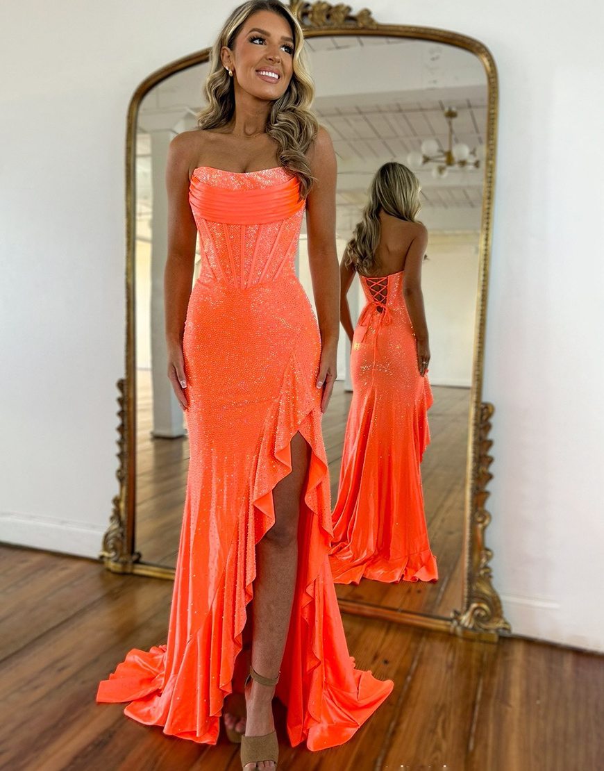 Sparkly Orange Mermaid Strapless Corset Beaded Ruffle Long Prom Dress with Slit