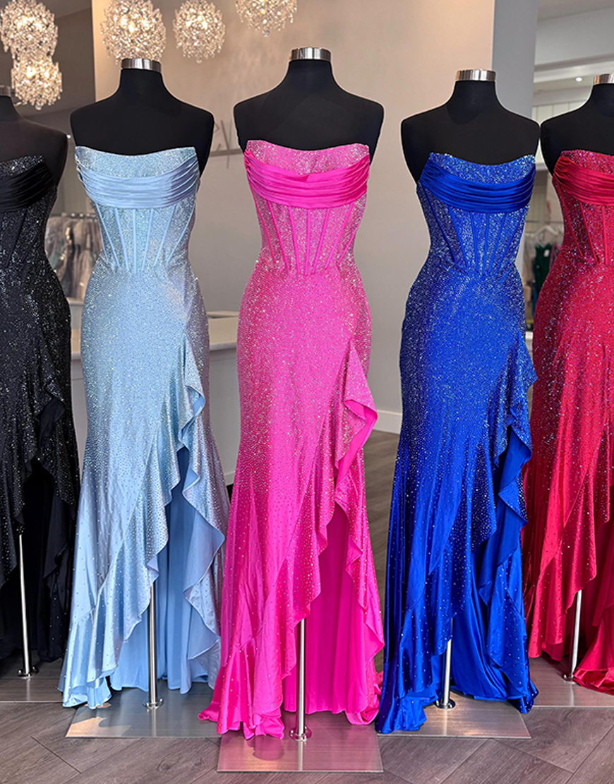 Sparkly Orange Mermaid Strapless Corset Beaded Ruffle Long Prom Dress with Slit