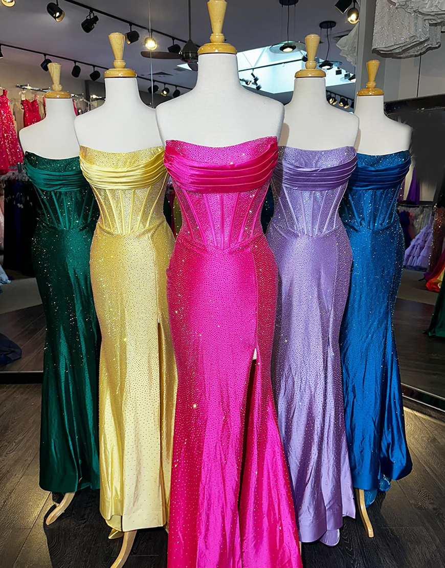 Sparkly Orange Mermaid Strapless Corset Beaded Ruffle Long Prom Dress with Slit