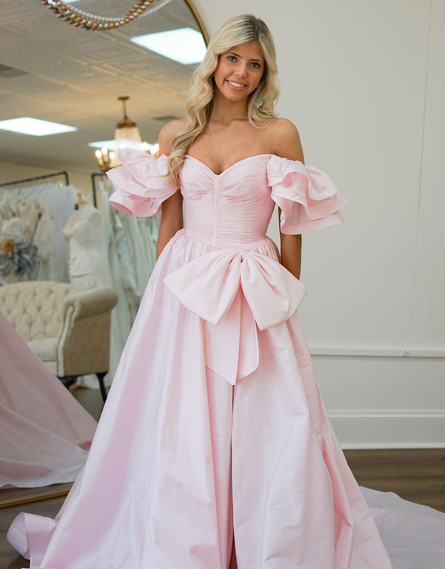 Orange A-Line Ruffle Sleeves Satin Long Prom Dress with Bow