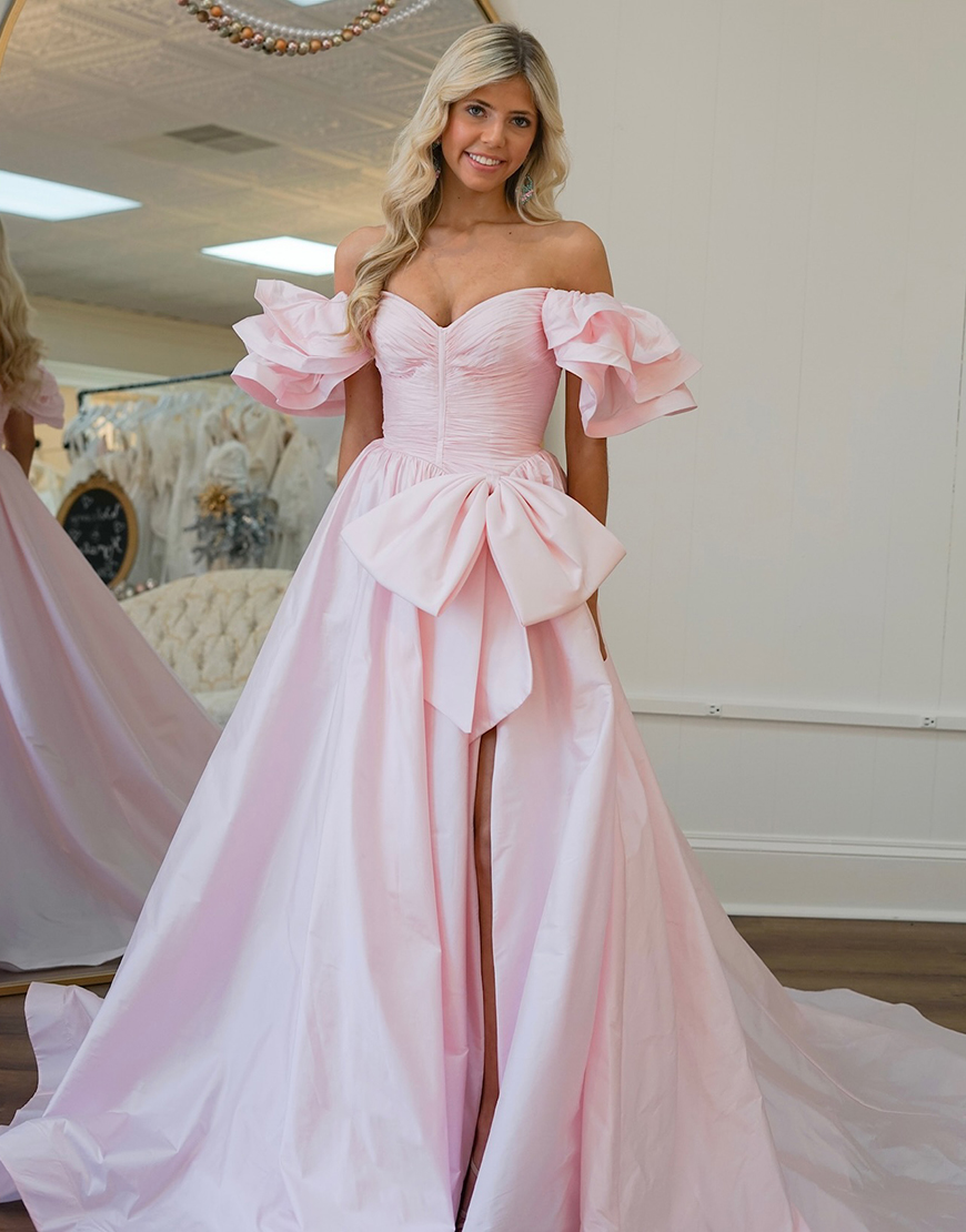 Orange A-Line Satin Ruffle Sleeves Long Prom Dress with Bow
