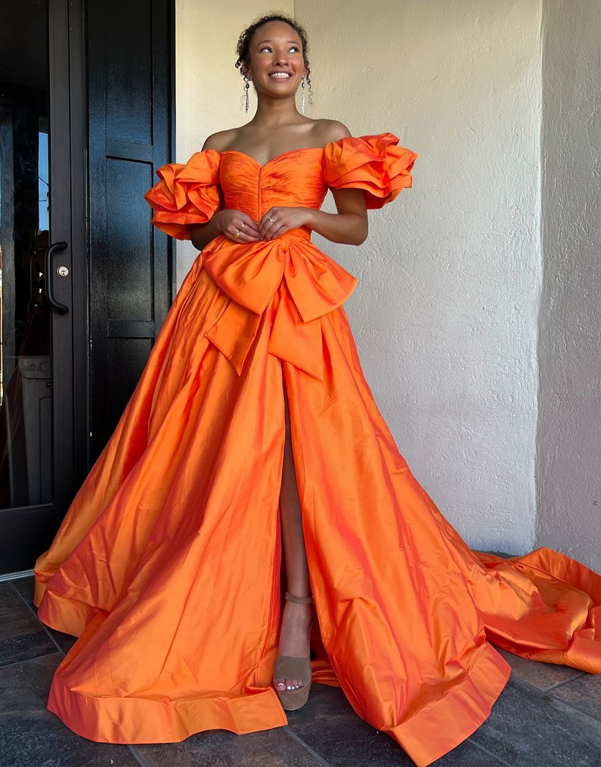 Orange A-Line Ruffle Sleeves Satin Long Prom Dress with Bow