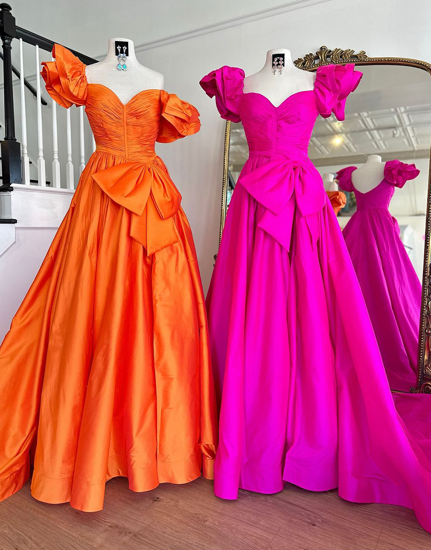 Orange A-Line Ruffle Sleeves Satin Long Prom Dress with Bow
