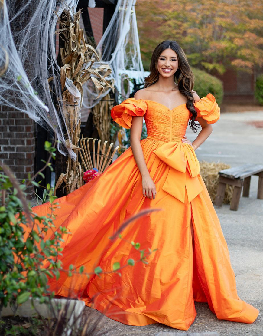 Orange A-Line Ruffle Sleeves Satin Long Prom Dress with Bow