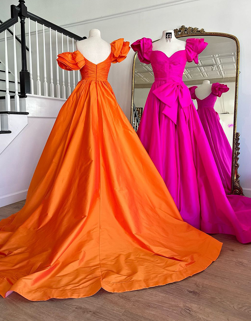Orange A-Line Ruffle Sleeves Satin Long Prom Dress with Bow