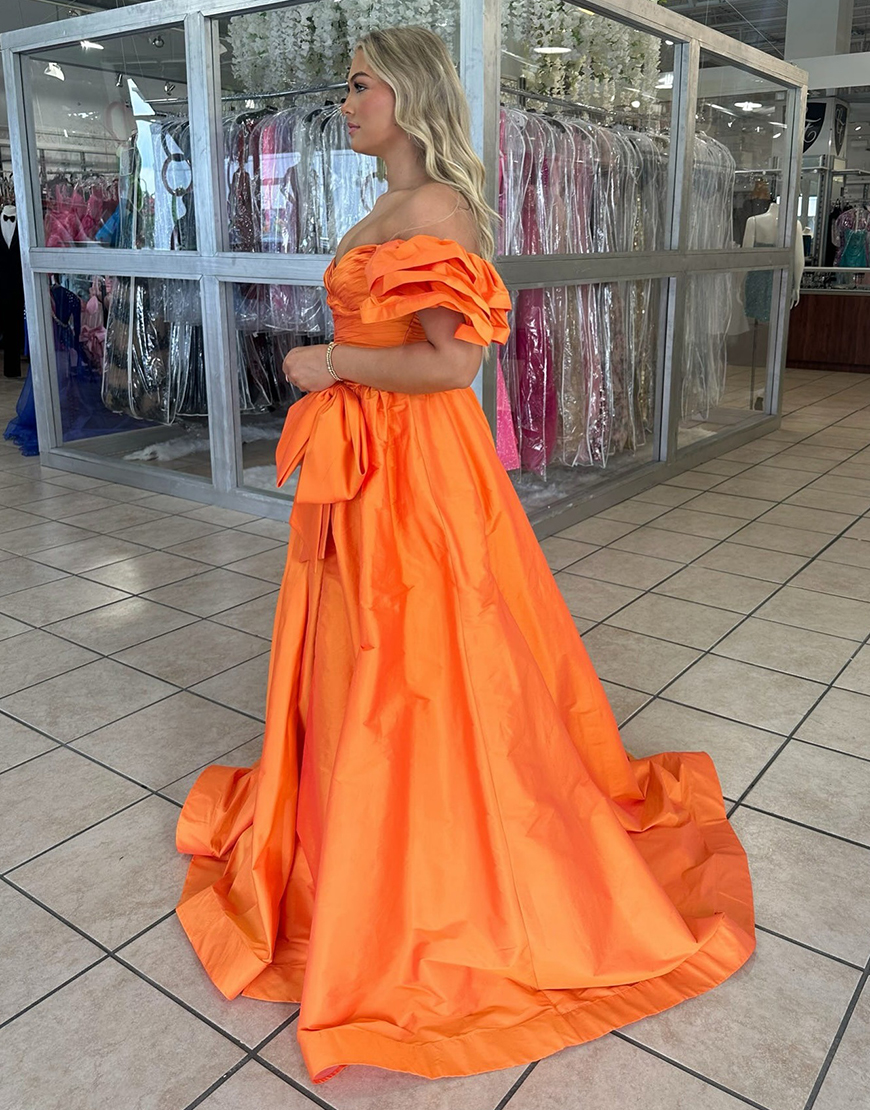 Orange A-Line Satin Ruffle Sleeves Long Prom Dress with Bow