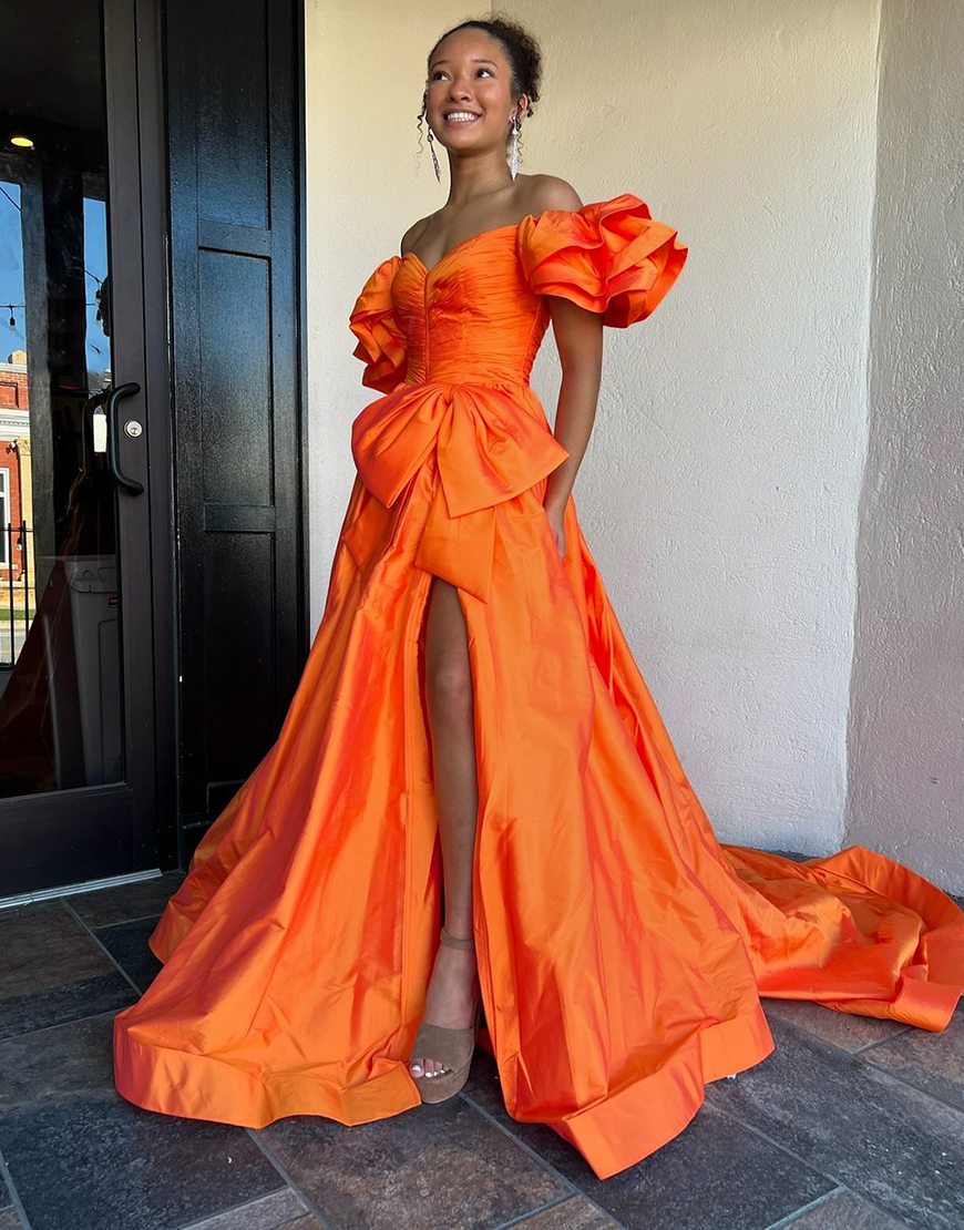 Orange A-Line Ruffle Sleeves Satin Long Prom Dress with Bow