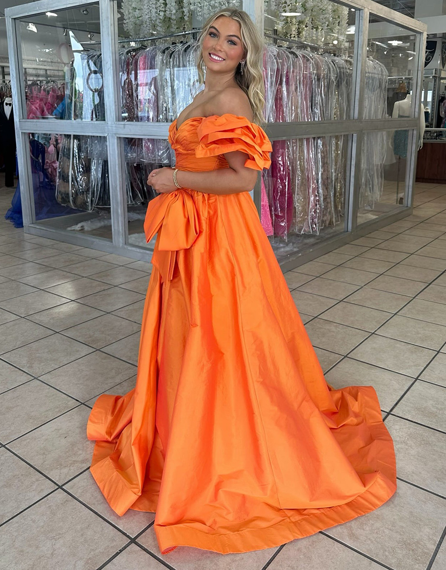 Orange A-Line Satin Ruffle Sleeves Long Prom Dress with Bow