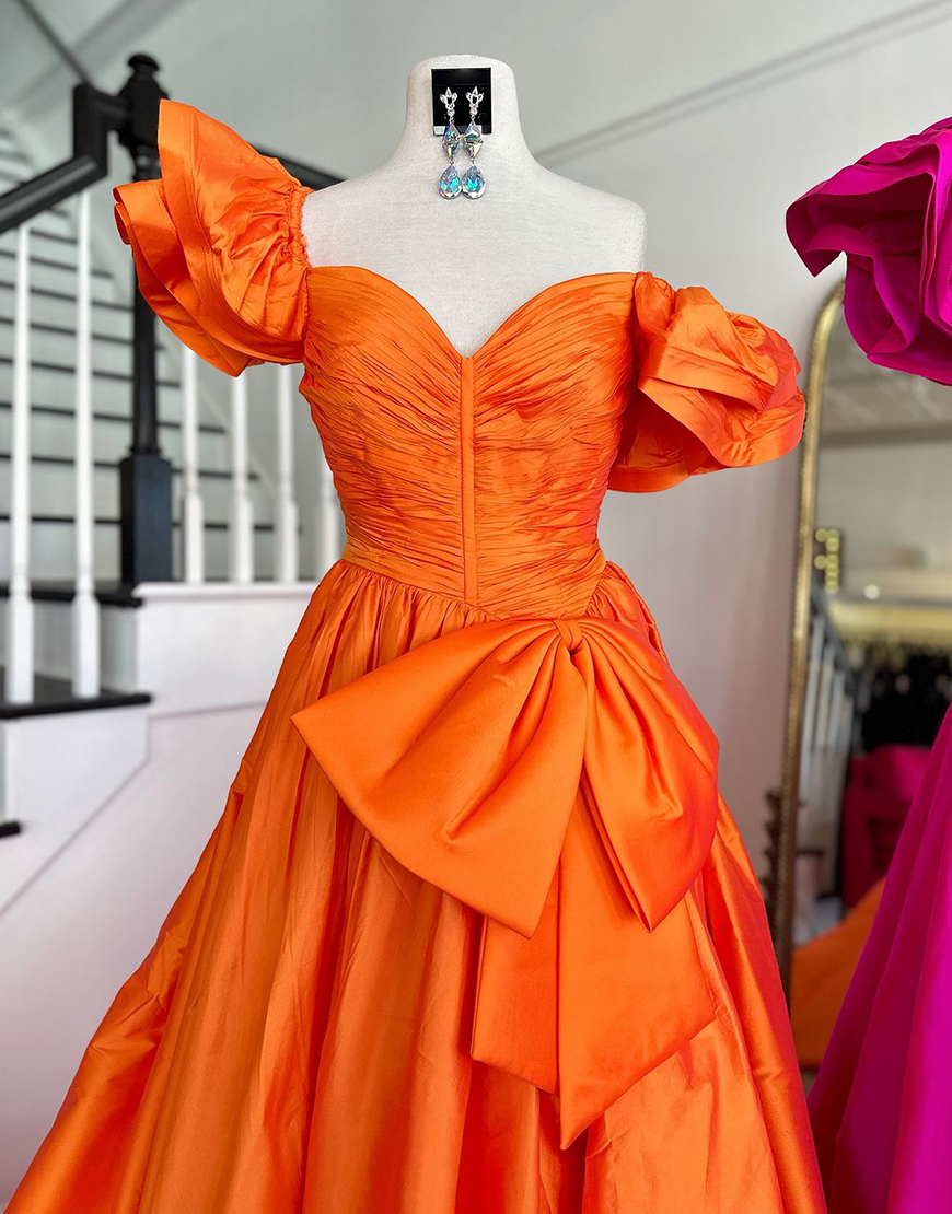 Orange A-Line Ruffle Sleeves Satin Long Prom Dress with Bow
