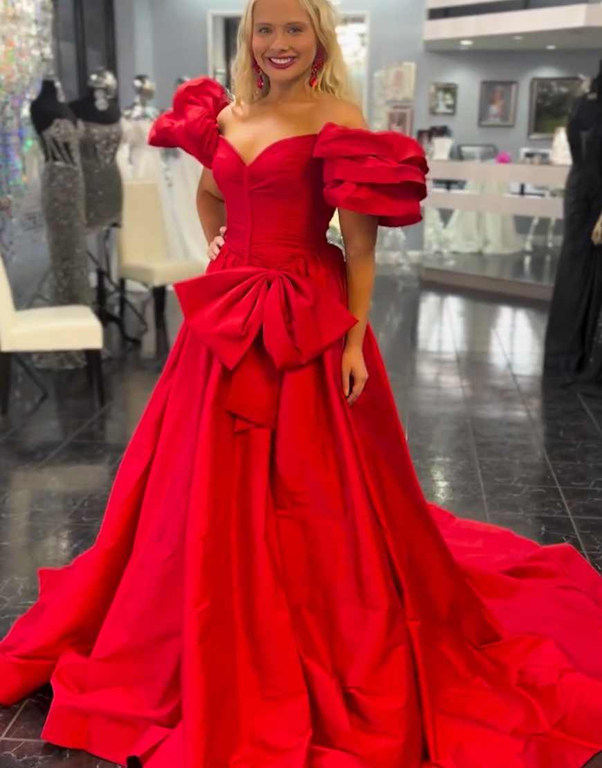 Orange A-Line Ruffle Sleeves Satin Long Prom Dress with Bow