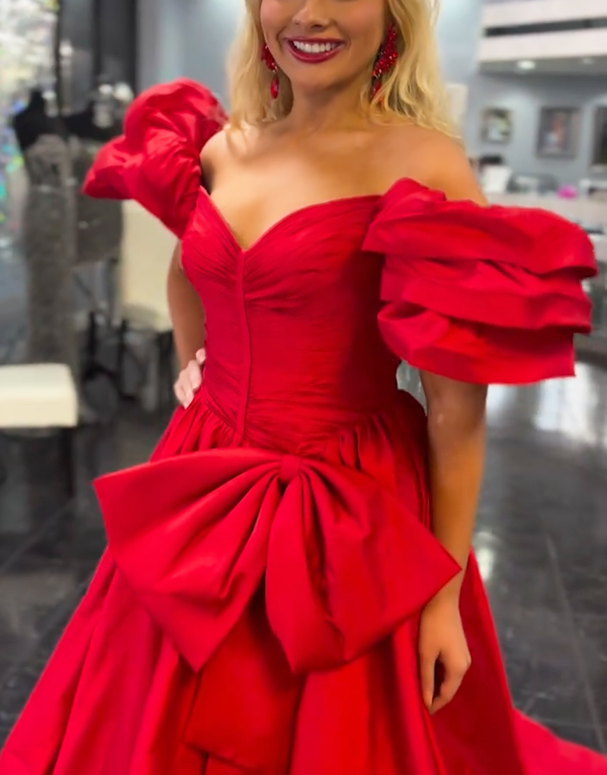 Orange A-Line Ruffle Sleeves Satin Long Prom Dress with Bow