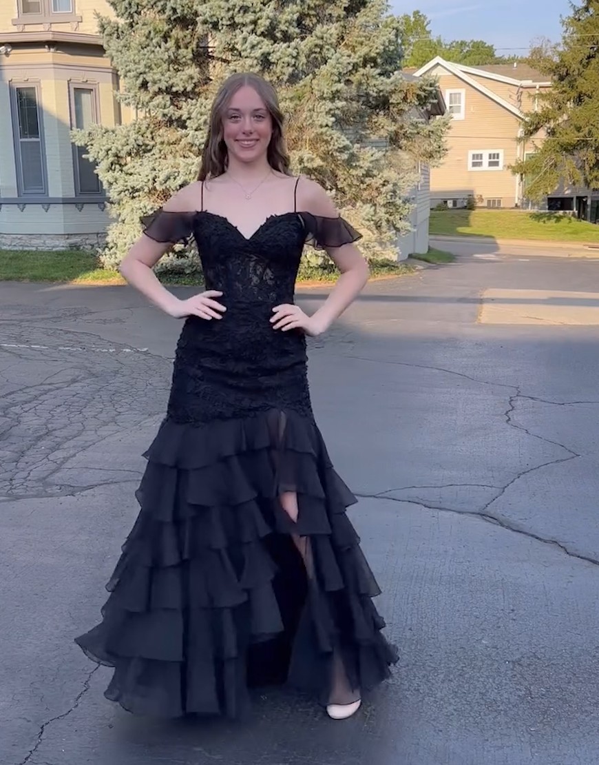 Sparkly Dark Purple Mermaid Cold Shoulder Corset Ruffles Appliques Long Prom Dress with Slit